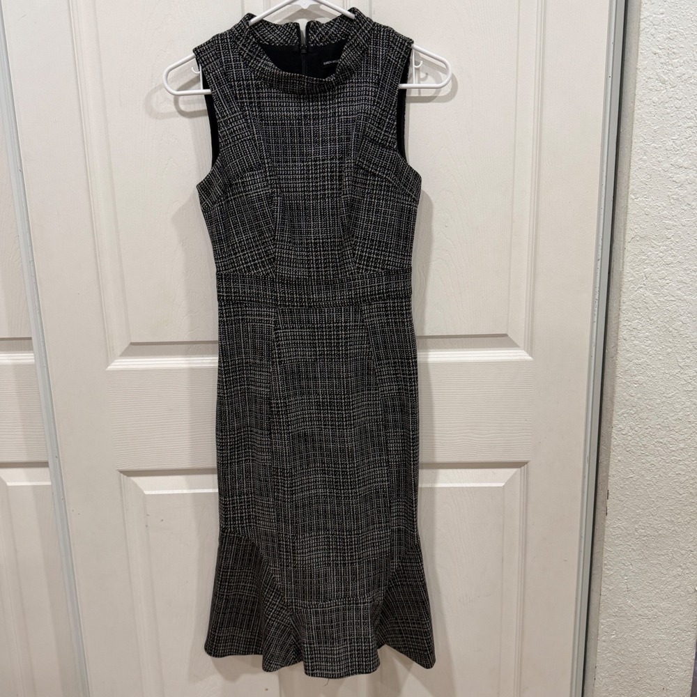 Karen Millen Black White Plaid Funnel Neck Fishtail Hem Midi Dress DX128 US 4